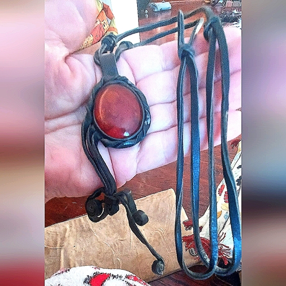 Minimalist Black Cord Necklace with Red Gemstone Pendant - Picture 6 of 8